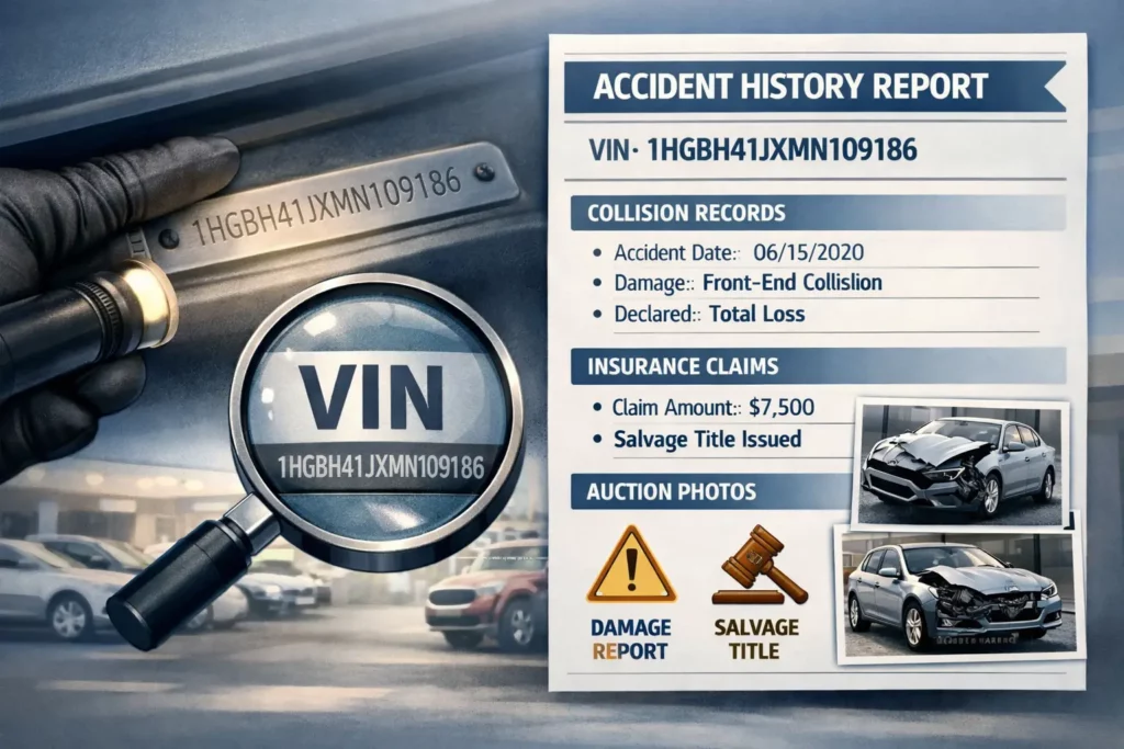 vehicle accident history check by VIN showing collision and damage records