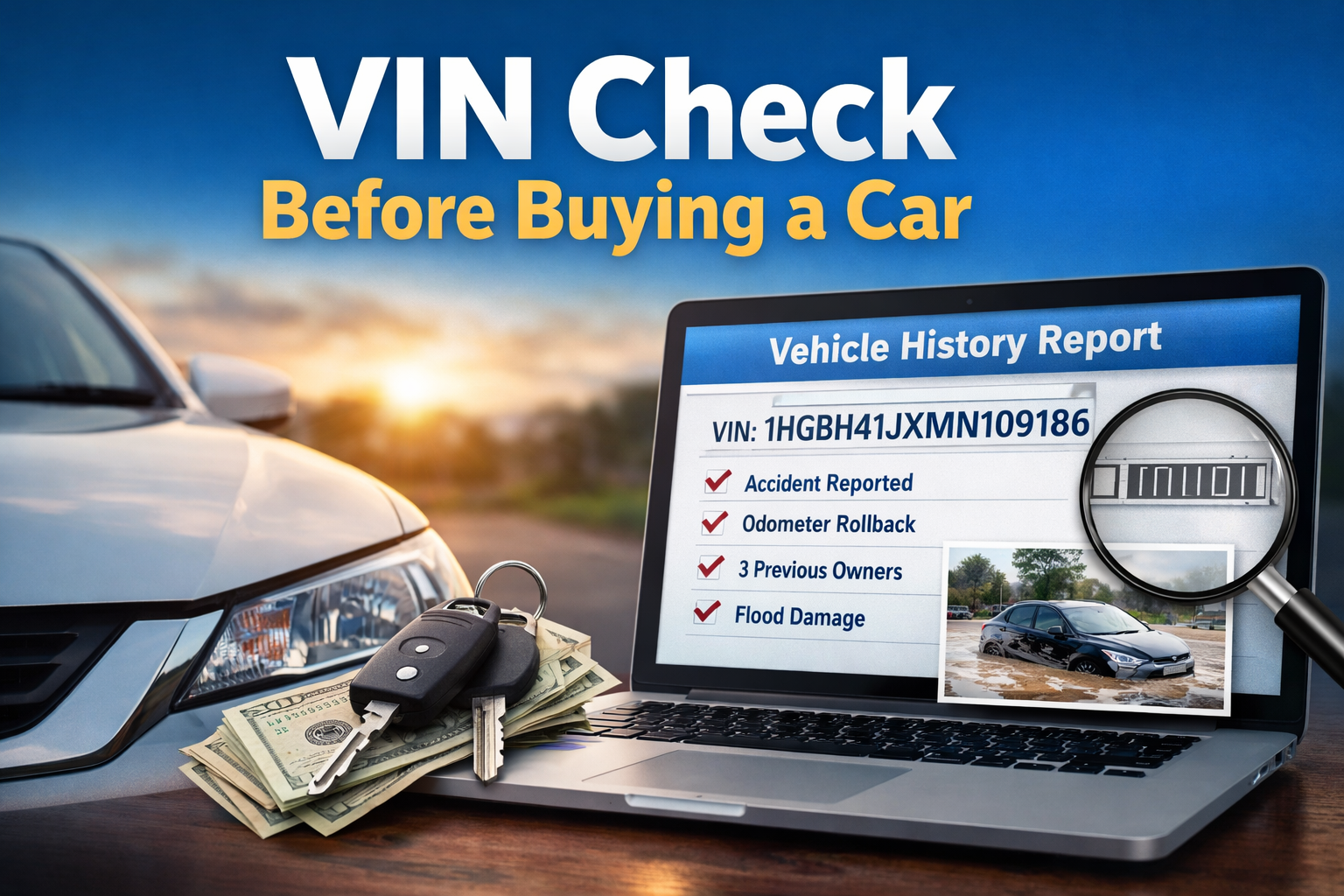 VIN check before buying a car showing vehicle history report and VIN number lookup