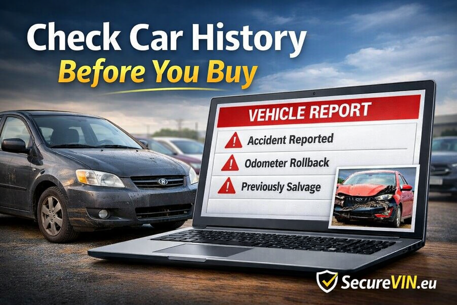 Check car history before buying a used car with SecureVIN vehicle history report showing accidents, mileage fraud and hidden damage