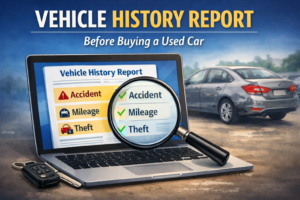 Vehicle history report showing accident records, mileage history and theft check before buying a used car
