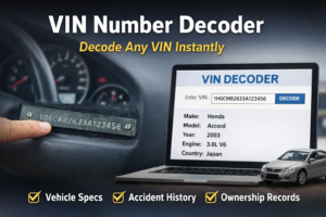 VIN number decoder showing vehicle specifications, accident history and ownership records from a VIN check