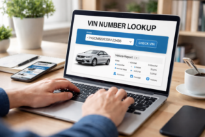Person performing a VIN number lookup on a laptop to check vehicle information and car history report