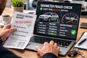 odometer fraud check showing vehicle mileage records from a vehicle history report