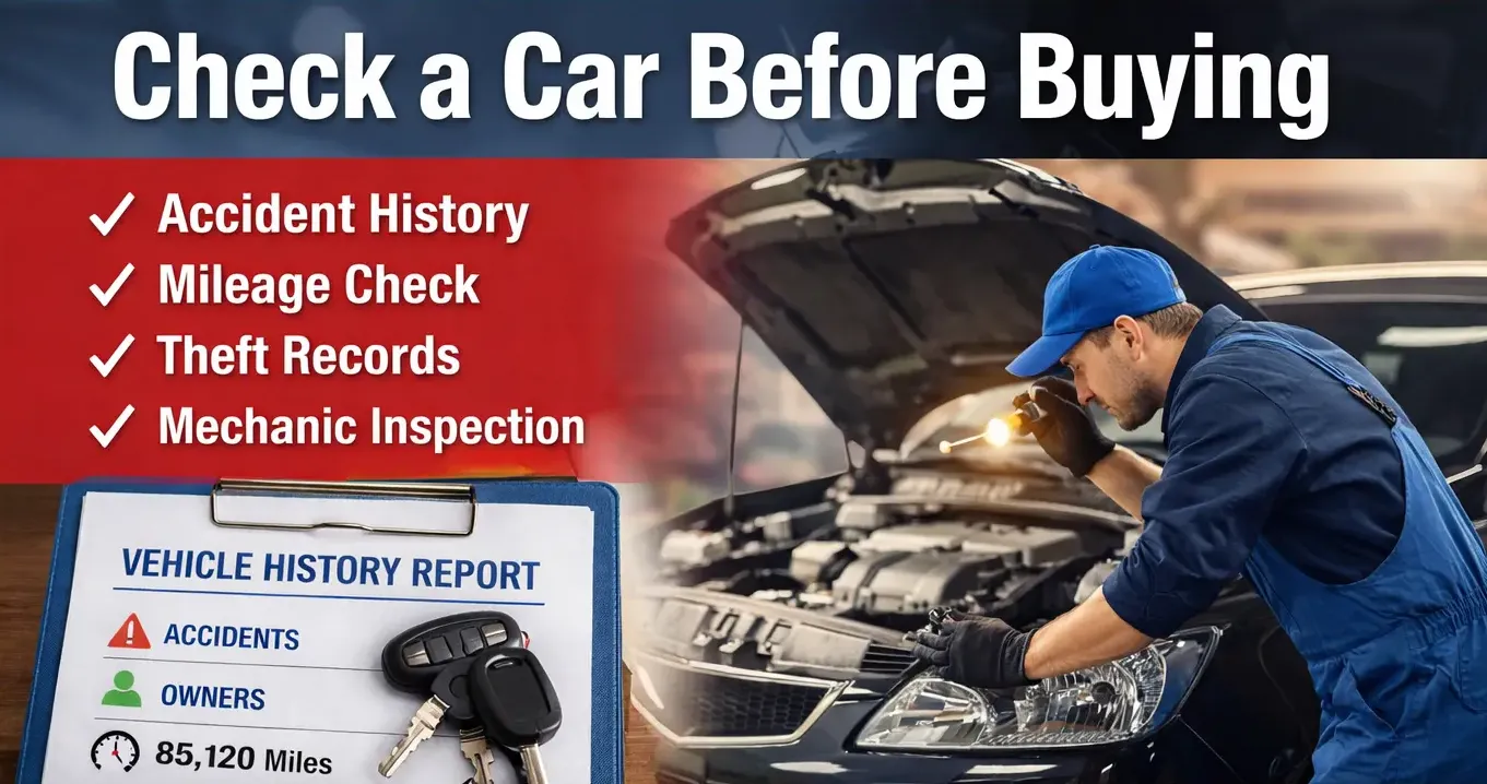 Check a car before buying inspection with VIN history report and mechanic checking engine