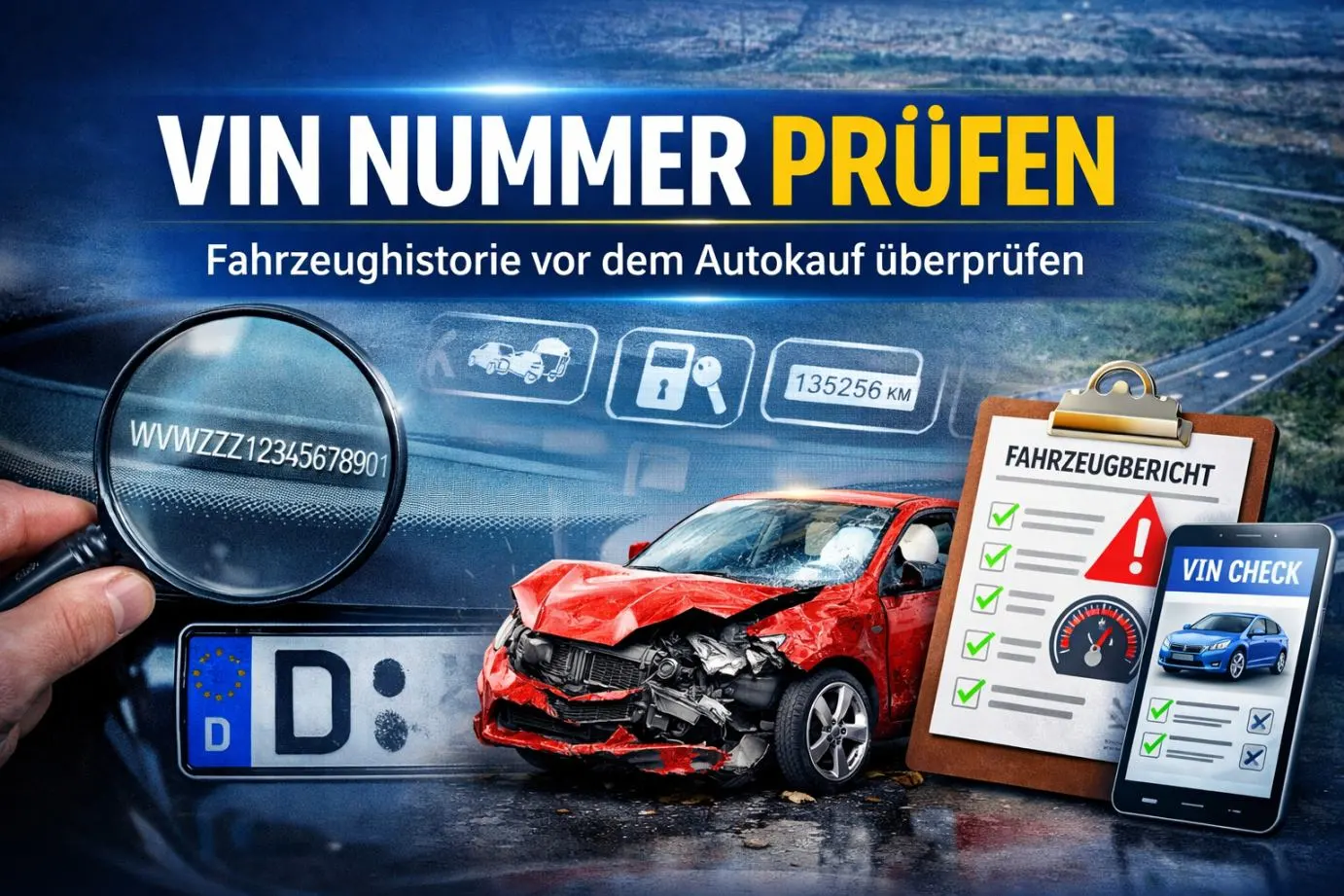 VIN Nummer prüfen und Fahrzeughistorie eines Gebrauchtwagens vor dem Autokauf überprüfen.